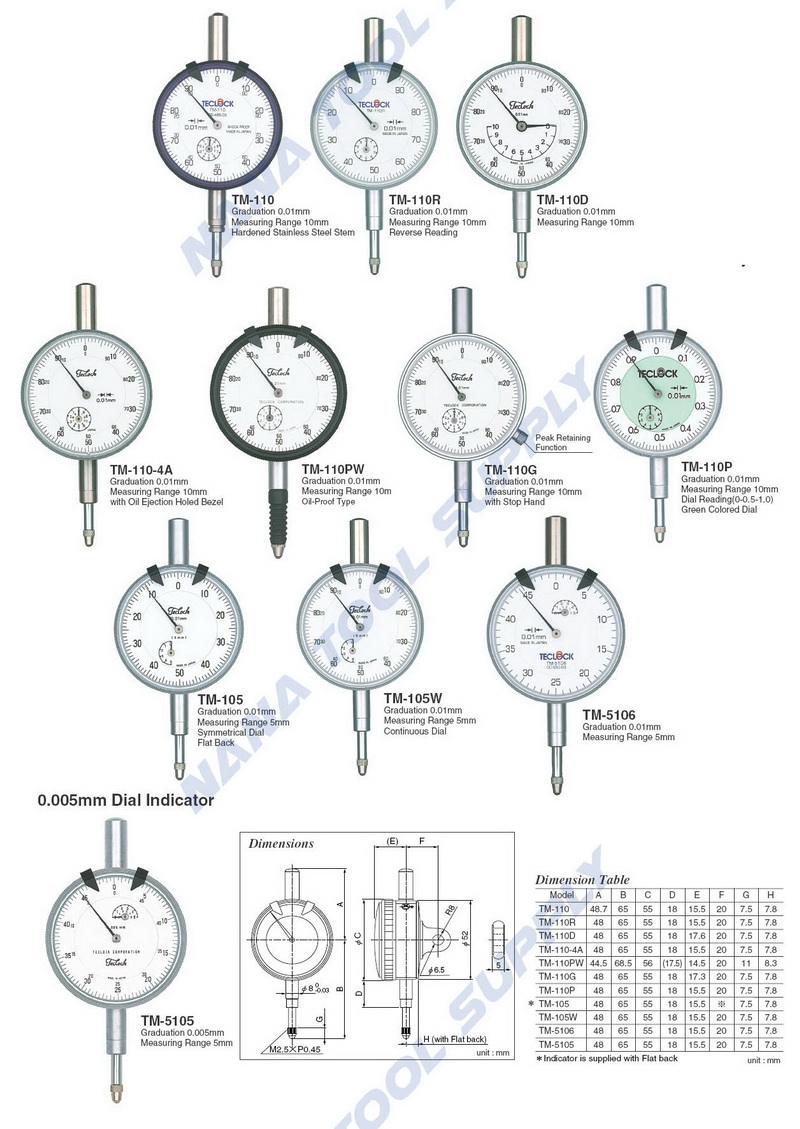 TecLock 0.01 dial indicator TM-110, TM-110R, TM-110D, TM-110-4A, TM-110PW, TM-110G, TM-110P, TM-105, TM-105W, TM-5106, TM5105